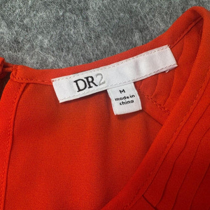 DR2 Women Blouse Sz M Semi Sheer Pintuck Shoulder Crew Neck VNeck Cap Sleeve