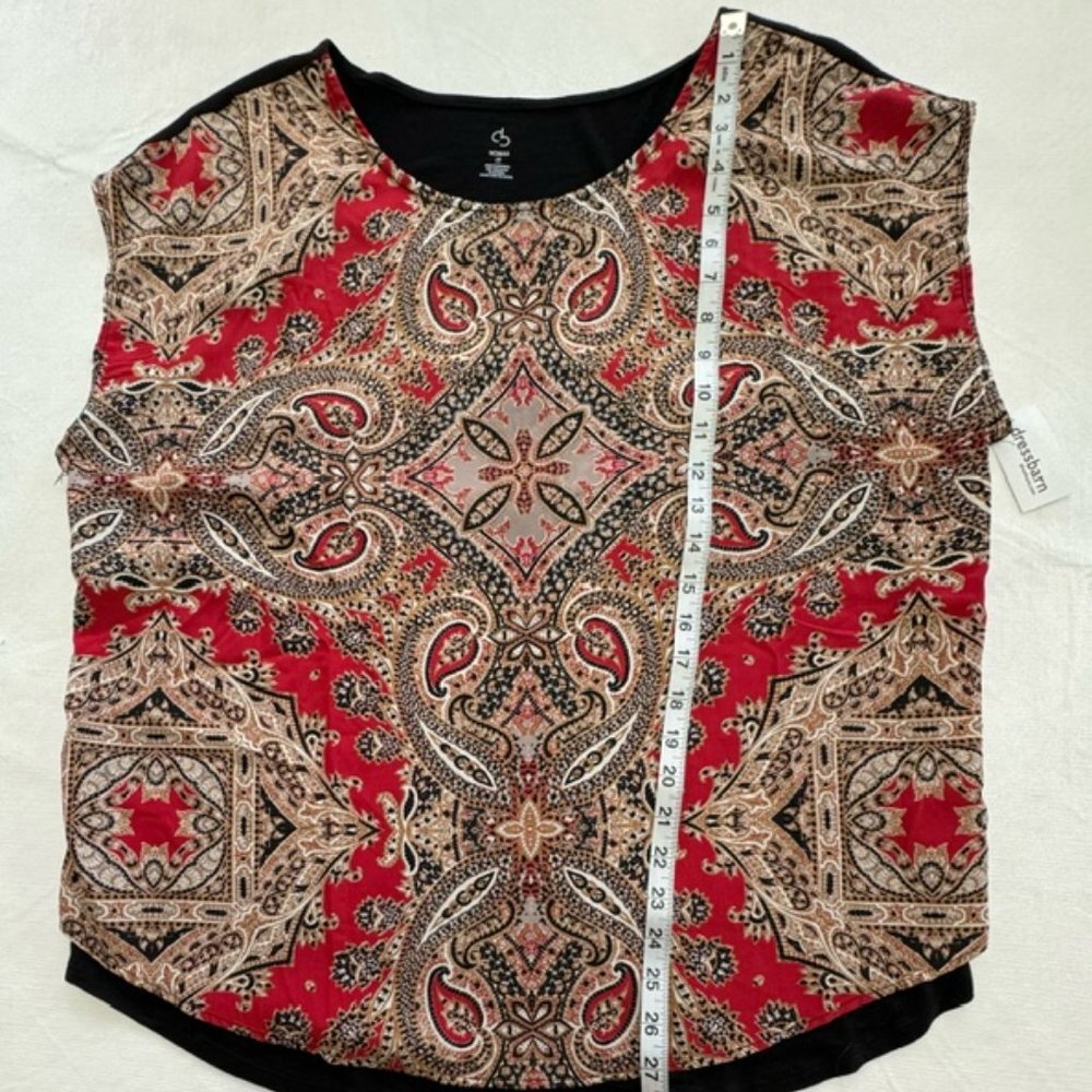 Dressbarn Women Top Sz 1X Black Back Front Red Beige Paisley Print NWT