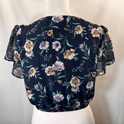By & By Ladies Sz M Navy Blouse Cropped Lined Sheer Flutter Sleeve V-Neck Bow
