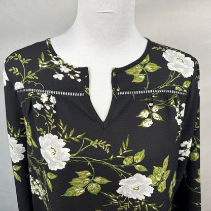 Fever Blouse Sz S Black Green White Floral Print VNeck Ladder Trim 3/4 Sleeves