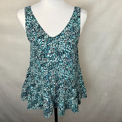 LOFT  Top Sz XS Black Multicolor Floral Sleeveless Peplum Ruffle VNeck