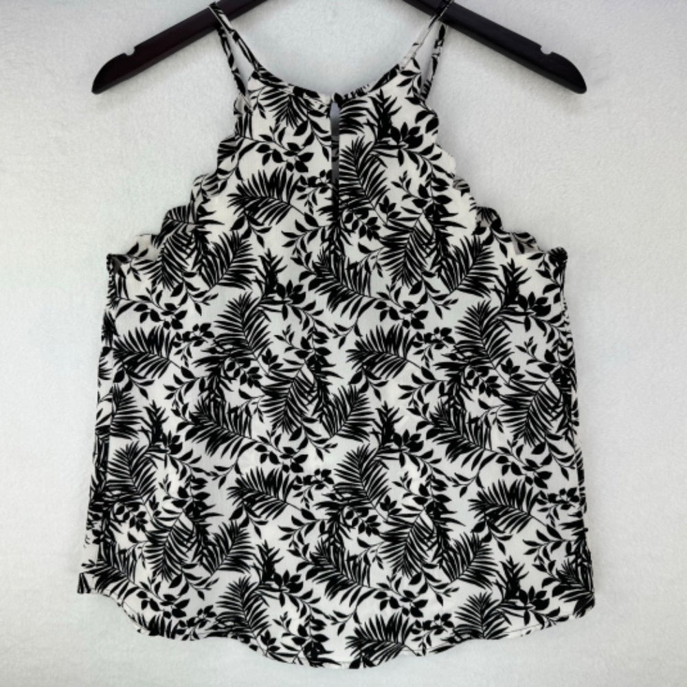 Sweet Wanderer Tank Top Sz S White and black floral scalloped halter