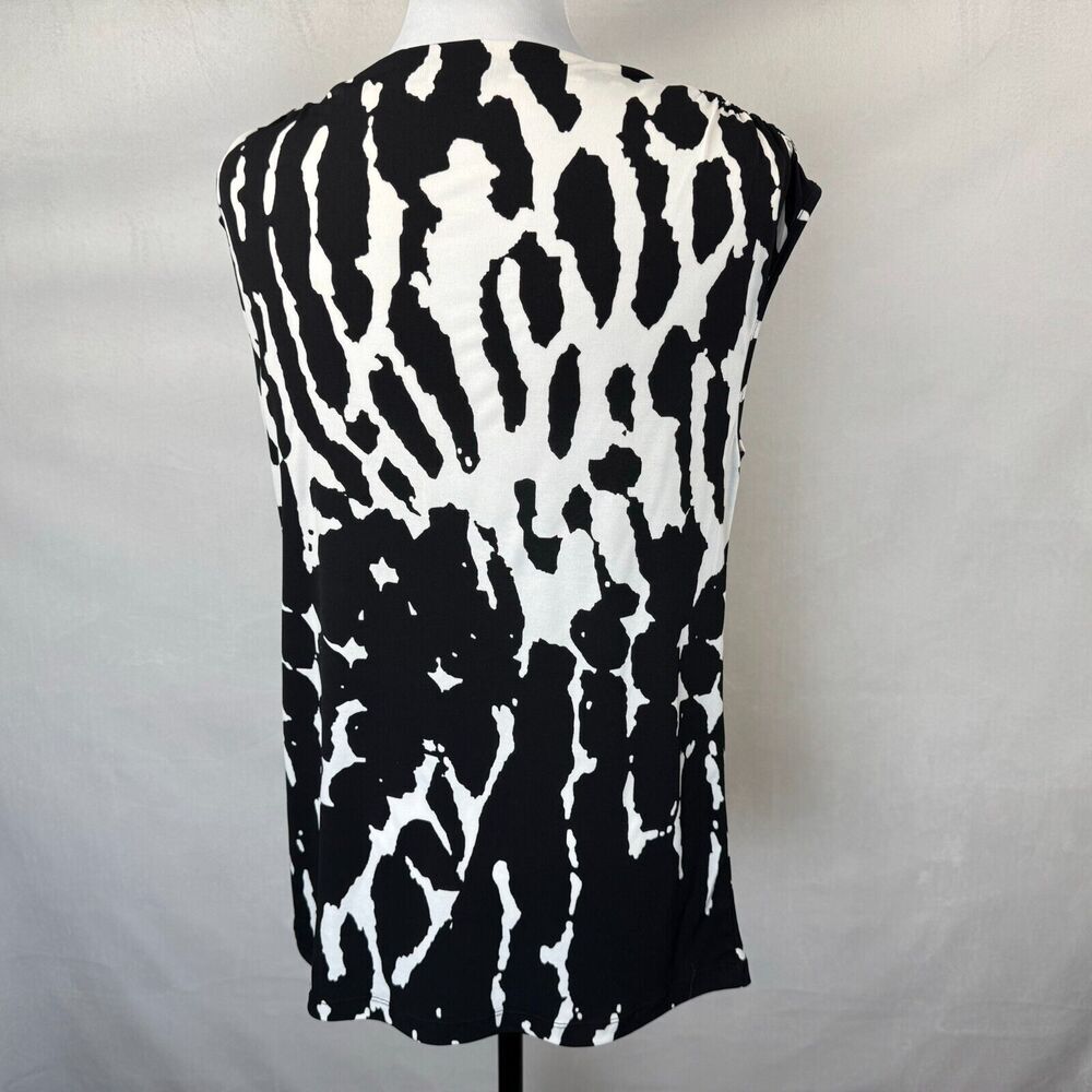 Calvin Klein Women Sz M Black White Print Cowl Neck Drape Cap Sleeve Designer