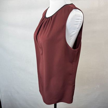 Chaus New York Women Sz M Top Maroon Black Trim Sleeveless Neck Keyhole Career
