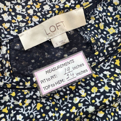 LOFT Top Sz S Navy Floral Flutter Cap Sleeve Boat Neck Ladder Stitch Keyhole