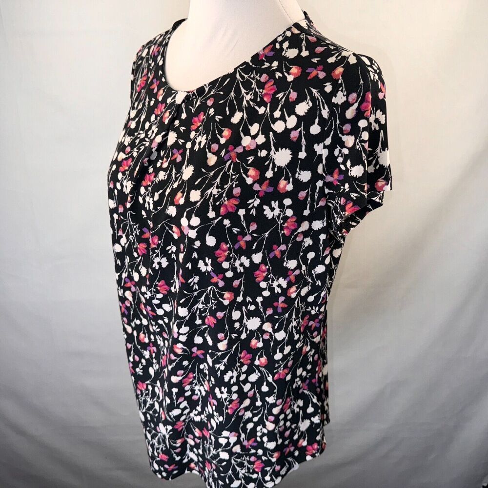 Liz Claiborne Career Top Sz S Floral boat neck cap sleeves back Keyhole