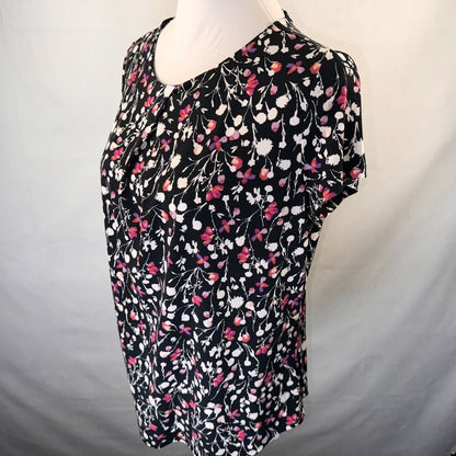Liz Claiborne Career Top Sz S Floral boat neck cap sleeves back Keyhole