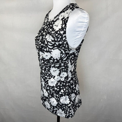 Cabi Women Top Sz S Stretch Mesh Black Floral Print Ruched Front Center