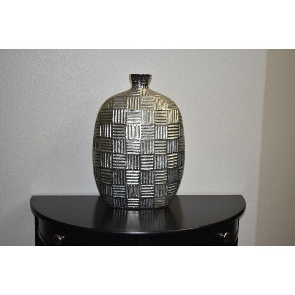 Geometric Textured Oval Metal Vase Silver Gray 15" Modern Home Decor Made in India