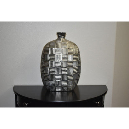 Geometric Textured Oval Metal Vase Silver Gray 15" Modern Home Decor Made in India