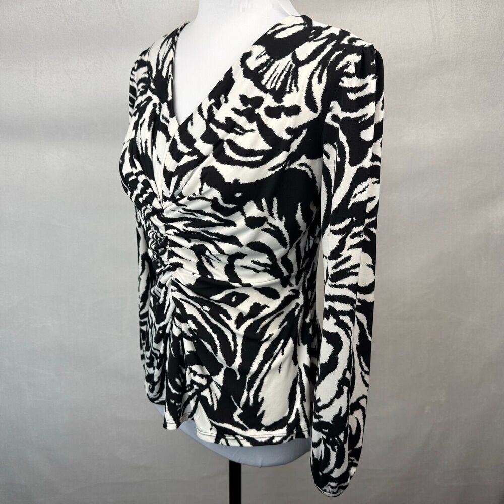 Alfani Women Sz P/P Black White Blouse V-Neck Ruched Front Long Sleeve