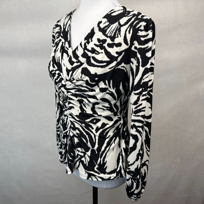 Alfani Women Sz P/P Black White Blouse V-Neck Ruched Front Long Sleeve