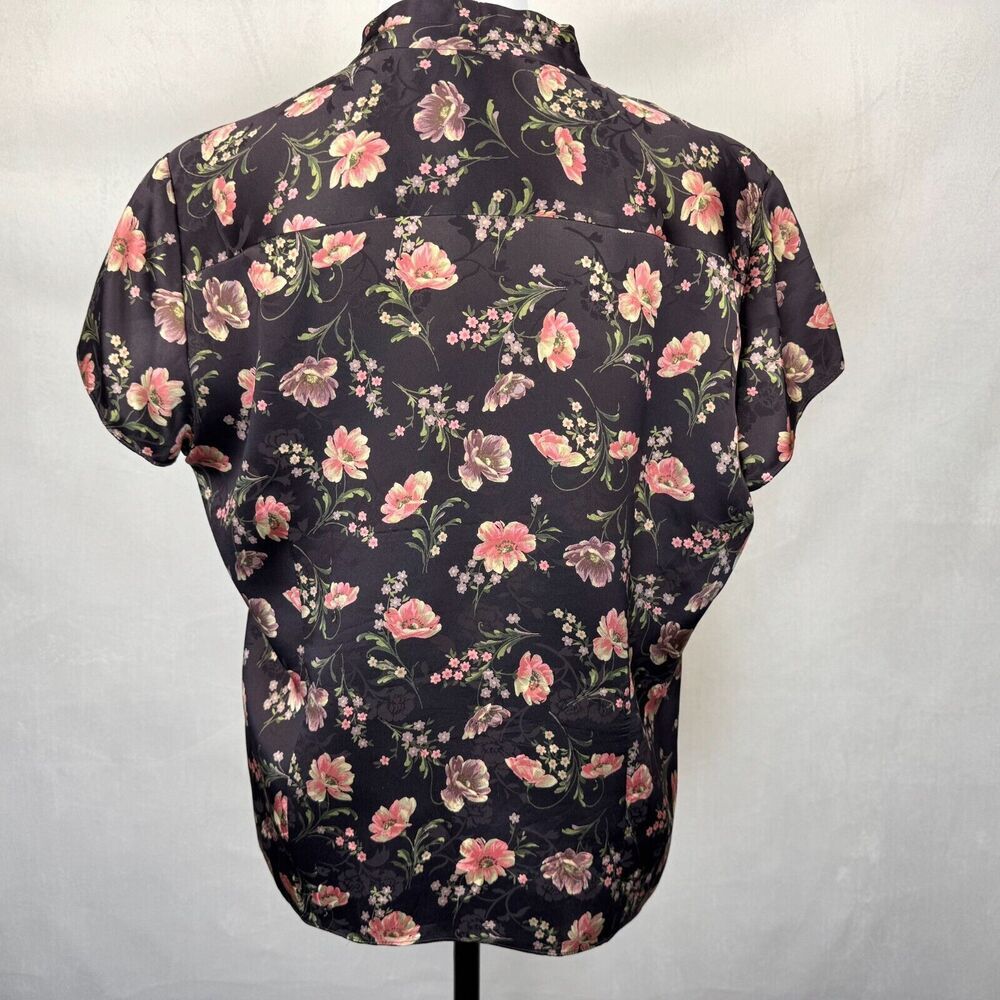 Jones New York Sz 14 Silk Top Brown Floral VNeck Pleated Button Up Cap Sleeve