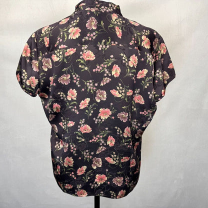 Jones New York Sz 14 Silk Top Brown Floral VNeck Pleated Button Up Cap Sleeve