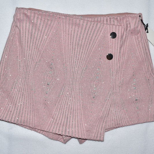 A pink knit skirt with vertical textured stripes and sequins, featuring a side zipper and two dark buttons, laid flat on a white background.