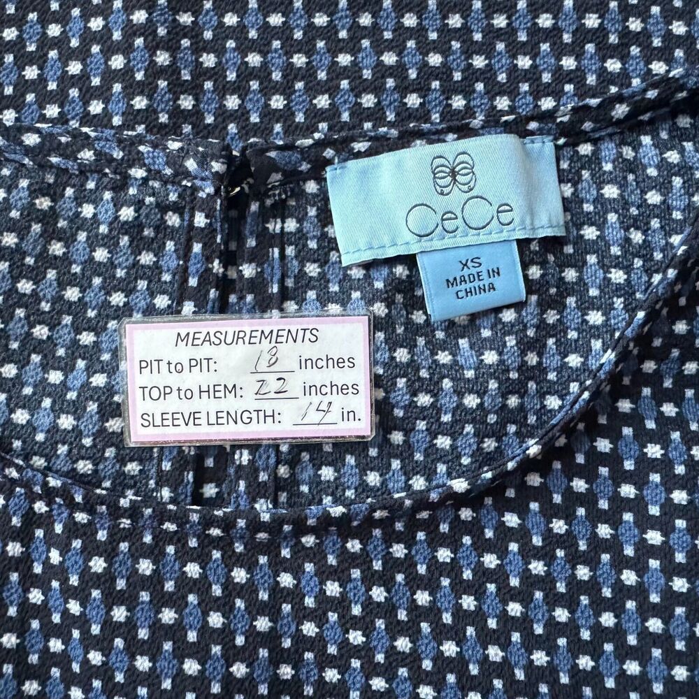 CeCe Ladies Top Sz XS Black Print Blue White Crew Neck Keyhole Tie Sleeve