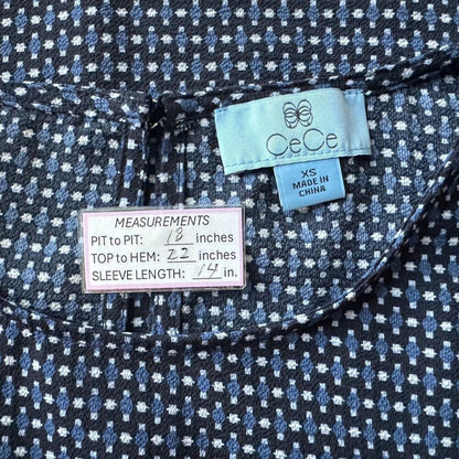 CeCe Ladies Top Sz XS Black Print Blue White Crew Neck Keyhole Tie Sleeve
