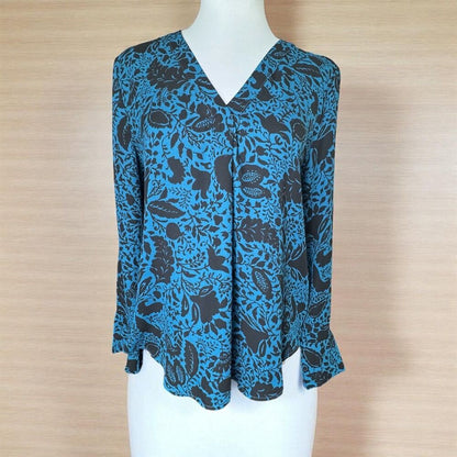 Ann Taylor Top Sz XS Blue Floral Print Stretch V Neck Pleat Long Cuffed Sleeve