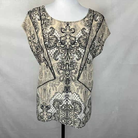 Willow and Clay Top Sz M Beige Black Print Round Neck Cap Sleeveless 100% Silk