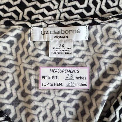 Liz Claiborne Sz 2X Blouse VNeck Twist Front Black White Geometric Business