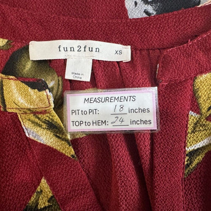 Fun2Fun Women Top Sz XS Burgundy Big Flowers Splitneck Cap Sleeves