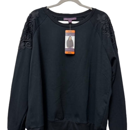 A black long-sleeve crewneck sweatshirt with lace applique detailing on the upper sleeves, hanging on a white hanger against a white background with a size tag attached.