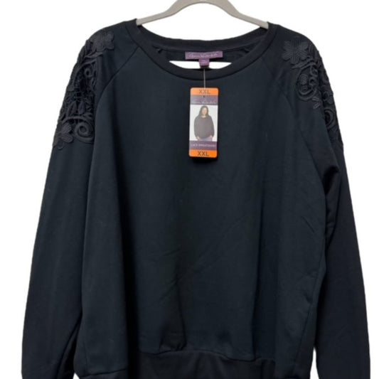 A black long-sleeve crewneck sweatshirt with lace applique detailing on the upper sleeves, hanging on a white hanger against a white background with a size tag attached.