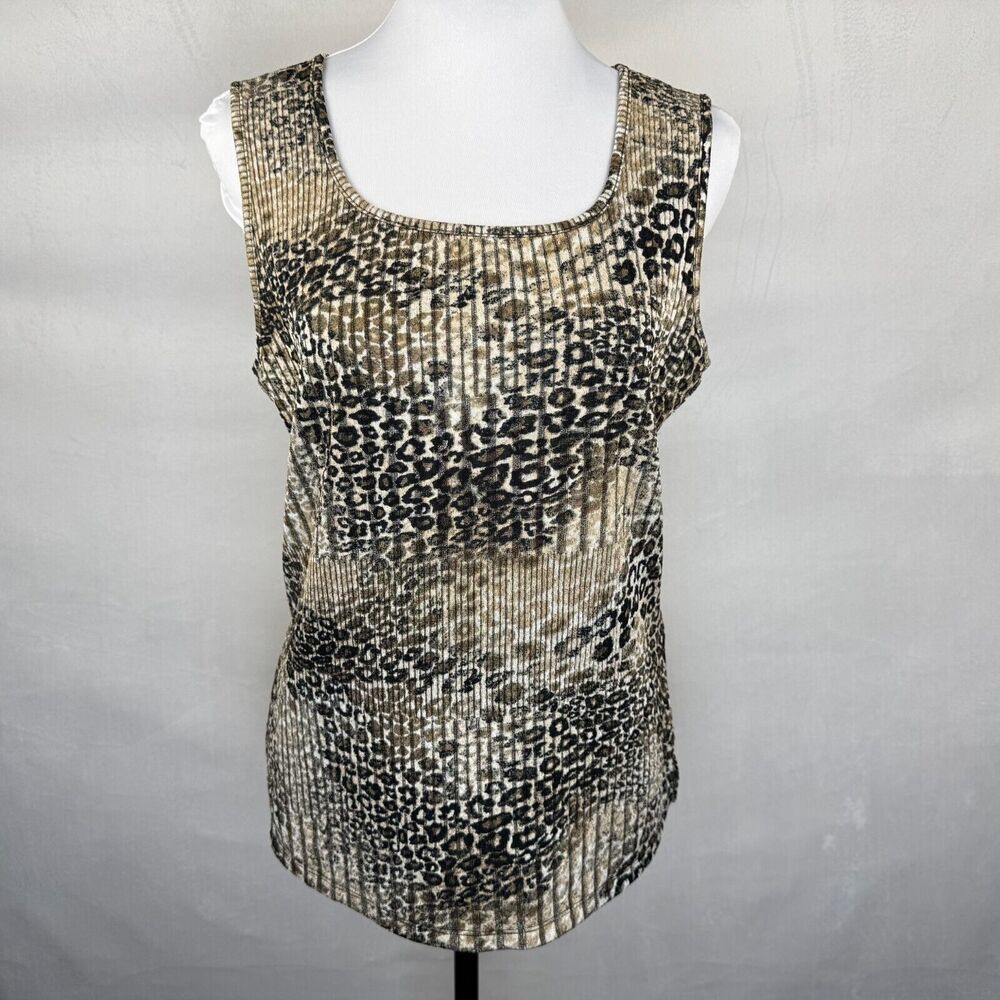 Evan-Picone Black Label Sz M Top Stretch Ribbed Beige Sparkling Animal Print