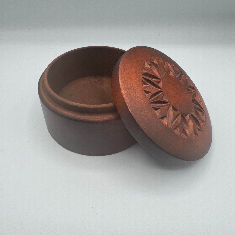 Carved Wood Trinket Lid Jewelry Box Brown 4.5" Diameter Made in Poland