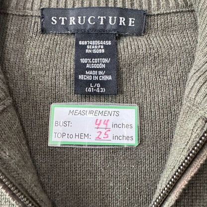 Structure Polo Sweater Men Sz L Green 1/4 Zip Long Sleeve Patched Elbows