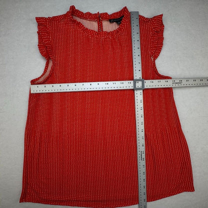 Adrianna Papell Top Sz L Orange Polka Dot Cap Ruffle Sleeve Stretchy Accordion