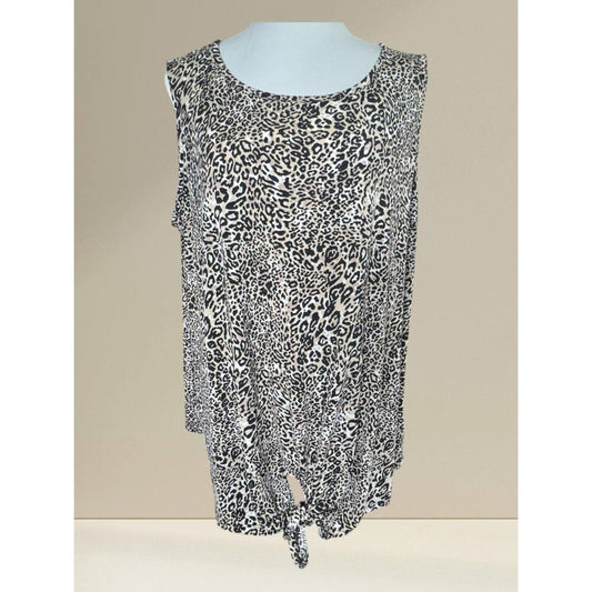 Adrianna Papell Top Sz 1X  Round Neck Tie Front Stretch Animal Print Brown