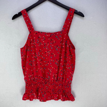 SIENNA SKY CropTop Women Sz S Red Floral Ruffle Neckline Elastic Smocked Waist