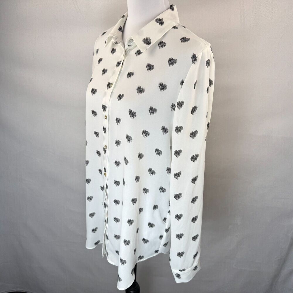 Rose & Olive Blouse Sz L White Black Hearts Button Down Cuffed Long Sleeves