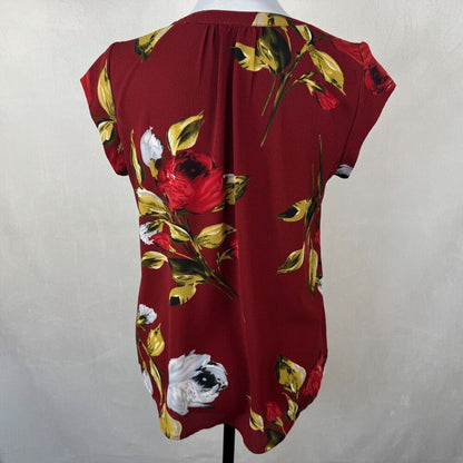 Fun2Fun Women Top Sz XS Burgundy Big Flowers Splitneck Cap Sleeves