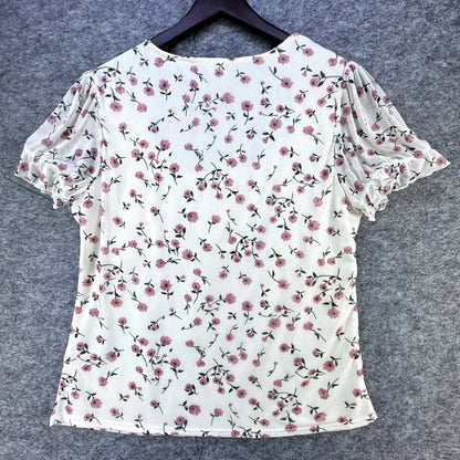 NOBO Cream top pink flowers princess style short sleeve U-Shape neck Size XL Jrs
