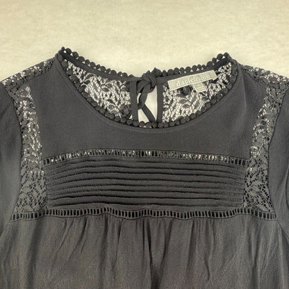 Daniel Rainn Blouse Sz M Black Rayon Ladder Stitch Lace Crochet Cap Sleeves