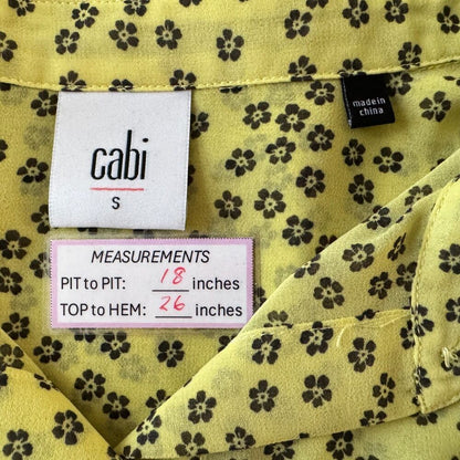 Cabi Viola Blouse Sz S Yellow Black Daisy Sleeveless Chiffon Sheer Button Down
