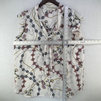 LOFT Blouse Sz M White Printed Tie Neckline Ruffle Cap Sleeves
