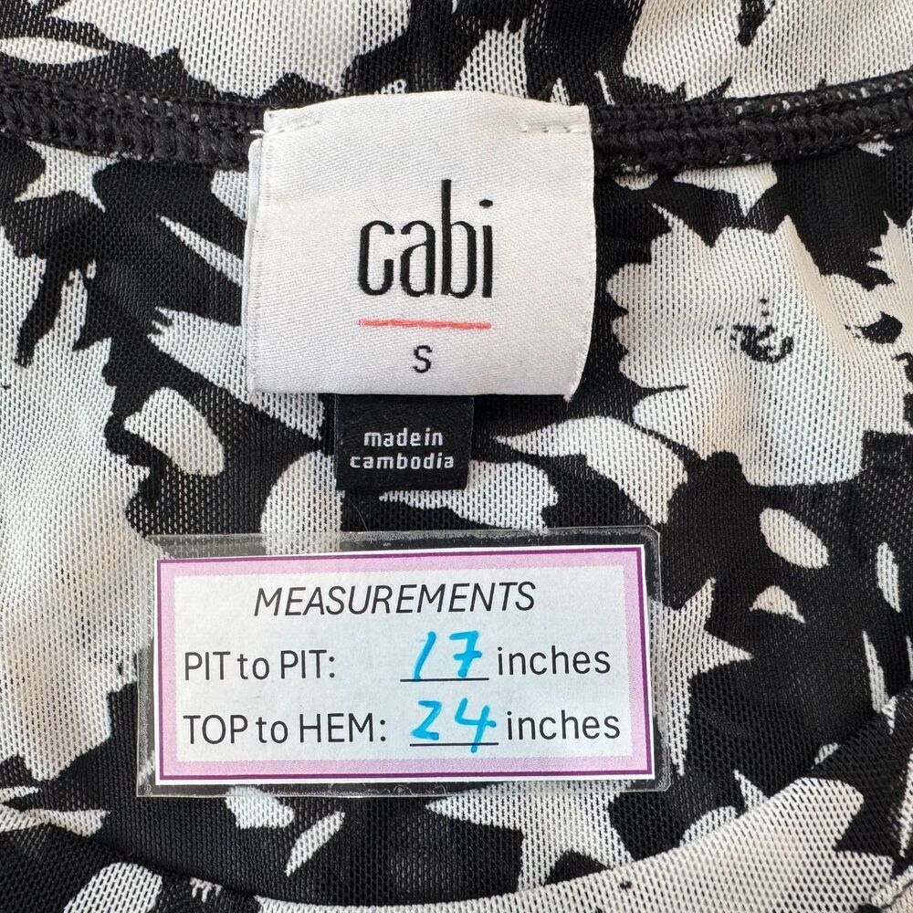 Cabi Women Top Sz S Stretch Mesh Black Floral Print Ruched Front Center