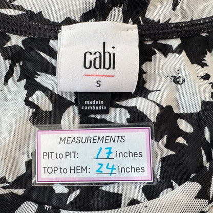 Cabi Women Top Sz S Stretch Mesh Black Floral Print Ruched Front Center