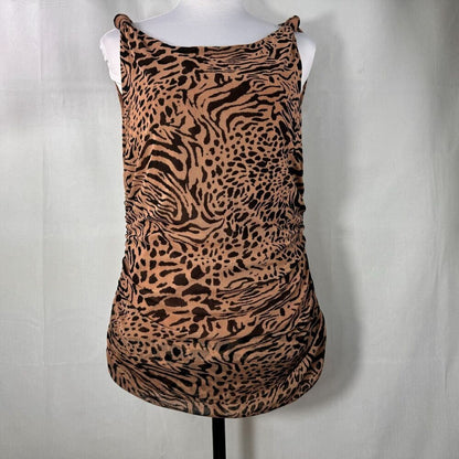 A sleeveless ruched tank top with a brown and black leopard print, displayed on a white mannequin torso against a light gray fabric backdrop.