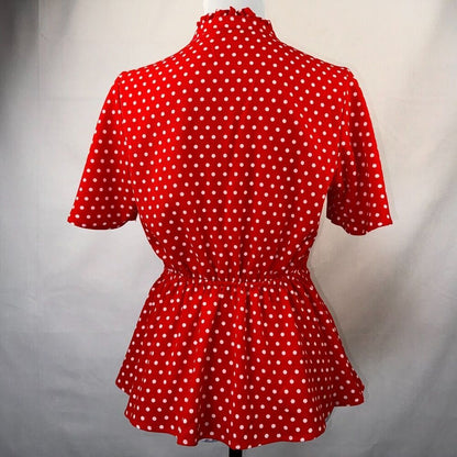 Monteau Top Sz M Fit and Flare Peplum Faux Wrap Red White Polka Dot