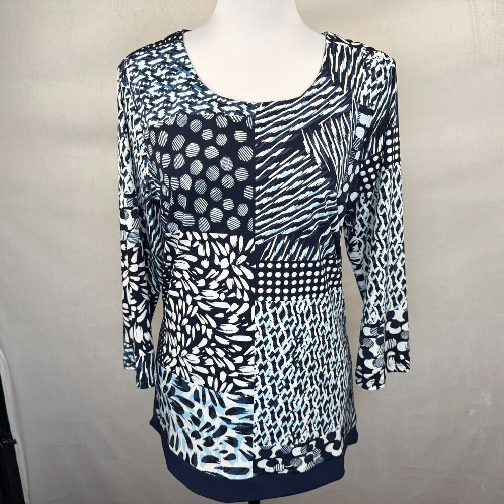 Chico's Tunic Sz 1 Blue Round Neck Geometric Print 3/4 Length Sleeve Side Slits