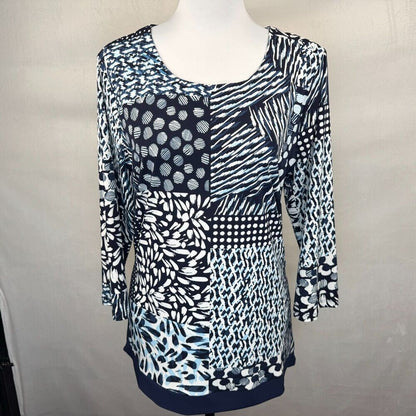 Chico's Tunic Sz 1 Blue Round Neck Geometric Print 3/4 Length Sleeve Side Slits