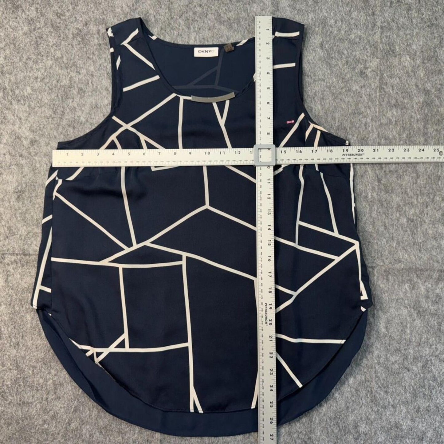 DKNY Women Blouse Sz M Navy Geo Print Round Neck Sleeveless Flowey Sheer Back