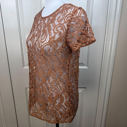 Loft Women Top Sz XS Copper Color Lace Short Sleeve Round Neck Unlined Pullover