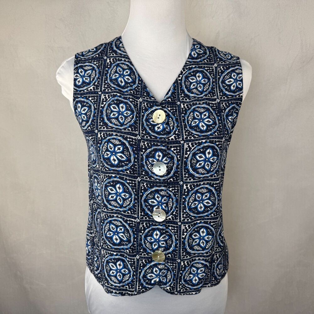 Sigrid Olsen Women Crop Top Sz S Black Blue Button Down VNeck Sleeveless