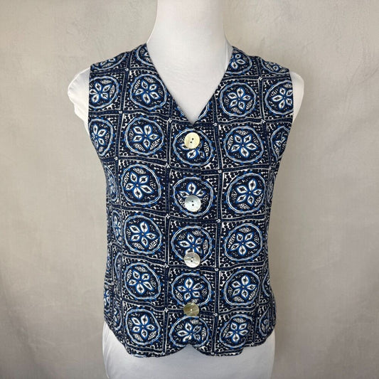 Sigrid Olsen Women Crop Top Sz S Black Blue Button Down VNeck Sleeveless