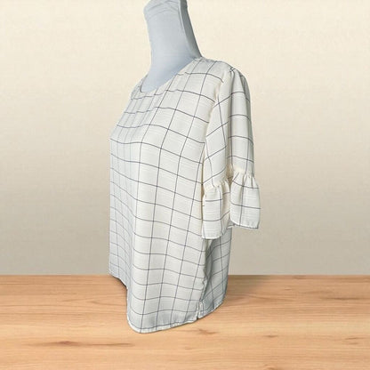 LOFT Top Sz M Ivory Plaid Round Neck Short Sleeve Keyhole Back Peplum Lined